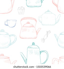 Vector seamless pattern of the outlines and sketches of the kitchen kettles (for a gas stove). Texture for design fabrics, textile and printing.
