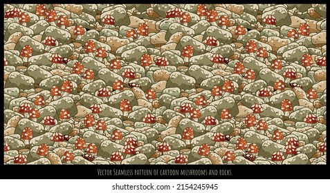 Vector Seamless pattern of overlap cartoon mushrooms and rocks