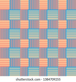 Vector seamless pattern with overlapping beige, coral and blue lines. For fabric, textures and backgrounds