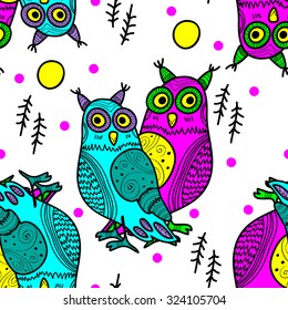Vector seamless pattern with owl. Blue, violet, green, white, black.