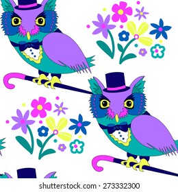 Vector seamless pattern with owl clothing in top-hat with a cane-1