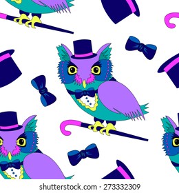 Vector seamless pattern with owl clothing in top-hat with a cane-3