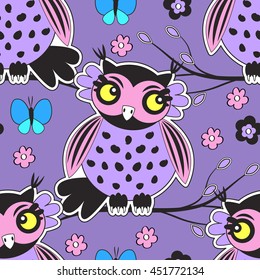 Vector seamless pattern with owl, flower and butterfly. Violet.