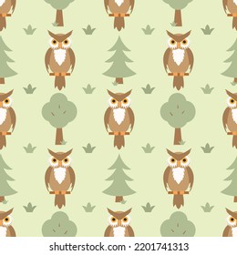 Vector seamless pattern. An owl in the forest. Children's illustration.