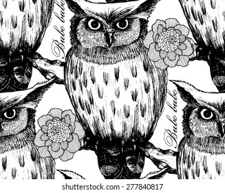 Vector seamless pattern with owl on a branch with flowers.