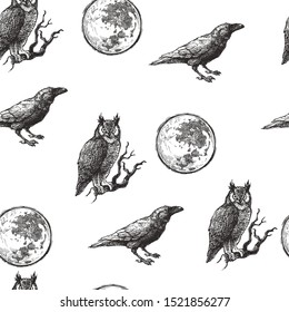 Vector seamless pattern with owl, raven and moon in engraving style. Hand drawn texture with Halloween symbols isolated on white.