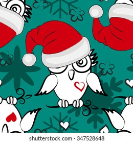 Vector seamless pattern with owl in a red hat. Owlet Santa with heart and snowflake. Red, green, white.