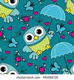 Vector seamless pattern with owl and umbrella. Green.