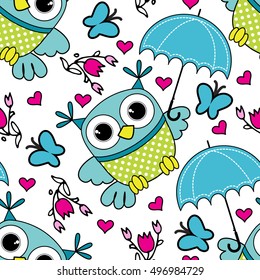 Vector seamless pattern with owl and umbrella. White.