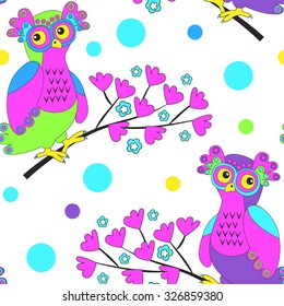 Vector seamless pattern with owls 4. Magic bird on a branch. Pink, blue, green, violet.
