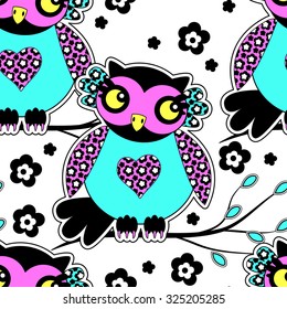 Vector seamless pattern with owls 6. Green, yellow, blue, violet, orange, pink.