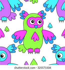 Vector seamless pattern with owls 7.  Violet, orange, blue, green, pink.