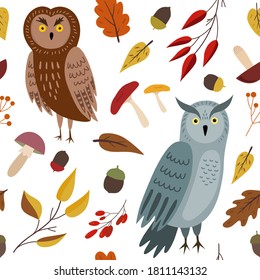 Vector seamless pattern with owls, autumn leaves, mushrooms, acorns. Fall atmosphere. Maple, oak, birch leaves. Vector illustration isolated on white. Background for textile, wrapping paper, wallpaper