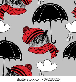 Vector seamless pattern with owls and black umbrellas. Owl in a red beret.