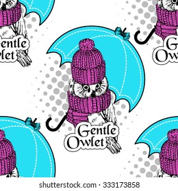 Vector seamless pattern with owls and blue umbrella 5. 
Owl clothing. White, black, pink, blue. Gentle owlet.