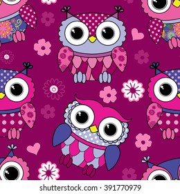 Vector seamless pattern with owls. Blue, pink.  