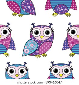 Vector seamless pattern with owls. Blue, pink, violet.