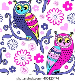 Vector seamless pattern with owls in a branch.