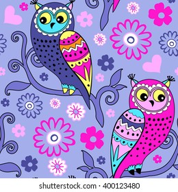 Vector seamless pattern with owls branch. Violet