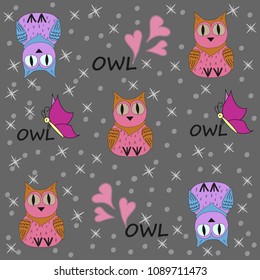 Vector seamless pattern with owls, butterflies and hearts. Illustration of a cartoon owl. Vector textile fabric print