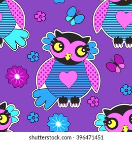 Vector seamless pattern with owls and butterfly. Violet.
