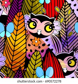 Vector seamless pattern with owls and butterfly 1
