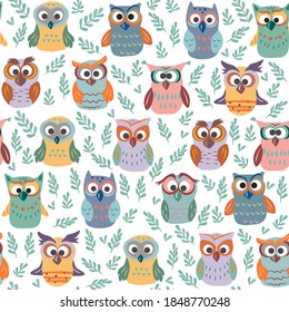 vector seamless pattern with owls and christmas motives. festive patterns for decorating children's clothing and rooms. Patterns for textiles and packaging Scandinavian style