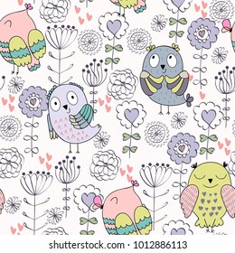Vector seamless pattern with owls and flowers