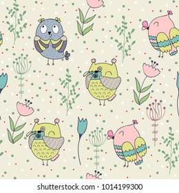 Vector seamless pattern with owls and flowers