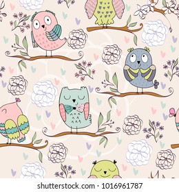 Vector seamless pattern with owls and flowers
