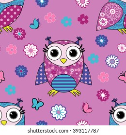 Vector seamless pattern with owls  and flowers. Pink
