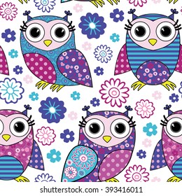 Vector seamless pattern with owls and flowers. Blue, pink, violet.