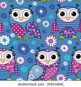 Vector seamless pattern with owls and flowers. Blue, violet, yellow.