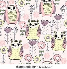 Vector seamless pattern with owls and flowers