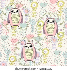 Vector seamless pattern with owls and flowers