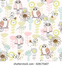 Vector seamless pattern with owls and flowers