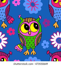 Vector seamless pattern with owls and flowers. Blue.