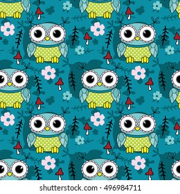 Vector seamless pattern with owls and flowers. Green.