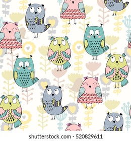 Vector seamless pattern with owls and flowers.