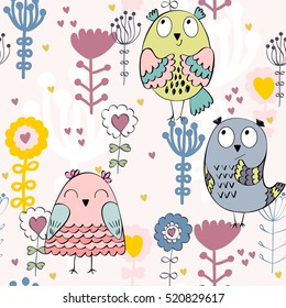 Vector seamless pattern with owls and flowers.