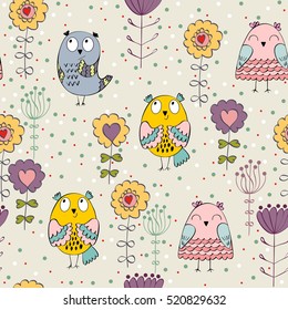 Vector seamless pattern with owls and flowers.