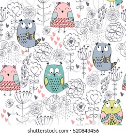 Vector seamless pattern and owls   flowers 