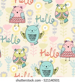 Vector seamless pattern with owls and flowers