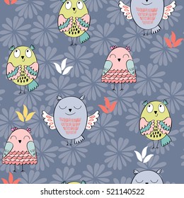 Vector seamless pattern with owls and flowers