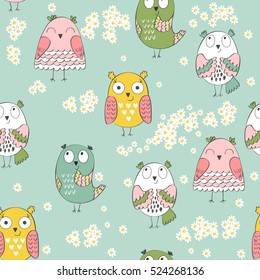 Vector seamless pattern with owls and flowers