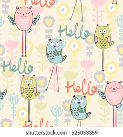 Vector seamless pattern with owls and flowers