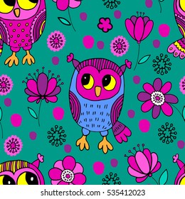 Vector seamless pattern with owls and flowers 4