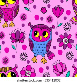 Vector seamless pattern with owls and flowers 5