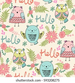 Vector seamless pattern with owls and flowers. Hello.