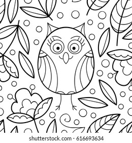 Vector seamless pattern with owls and flowers. Cute floral scrapbook paper. Black and white print.